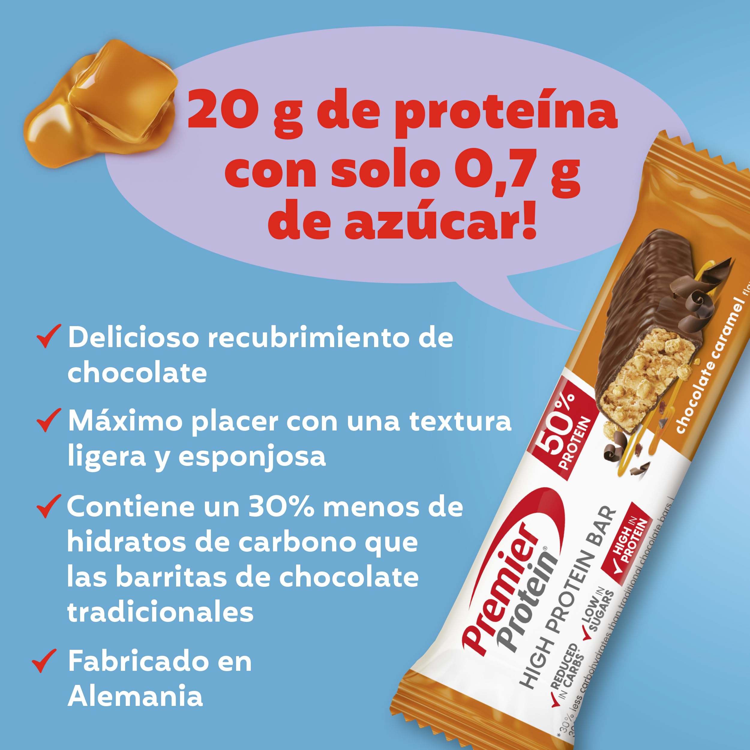 Premier Protein - High Protein Bar 50% - Chocolate Caramel - 16x40g - bajo en azúcar – baja en carbohidratos – sin aceite de palma