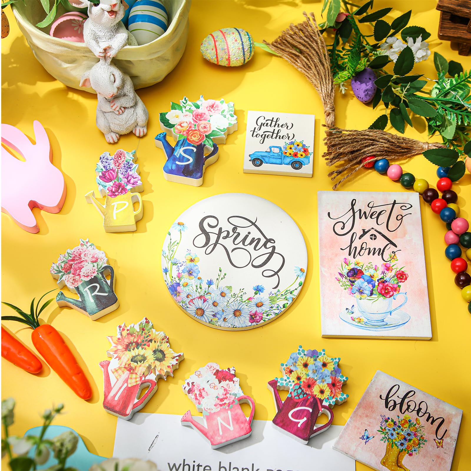 Hungdao 11 Pcs Spring Wood Block Signs Spring Tabletop Decor Spring Wooden Home Decorations Rustic Flower Table Signs Decor Wooden Bead Garland for Home Farmhouse Holiday Party Decor