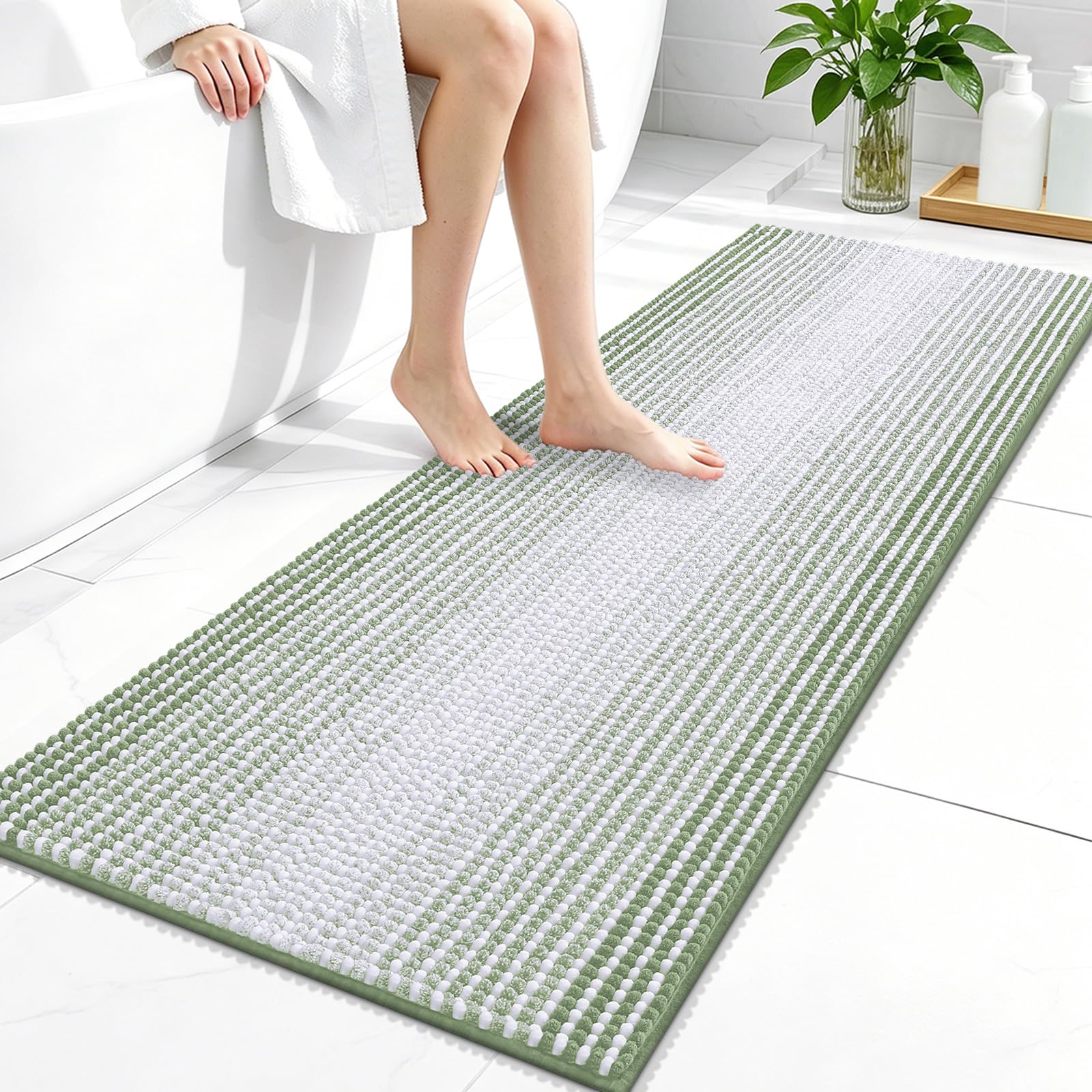OLANLY Bathroom Runner Rugs 47x20, Chenille Striped Bath Rugs, Sage Green