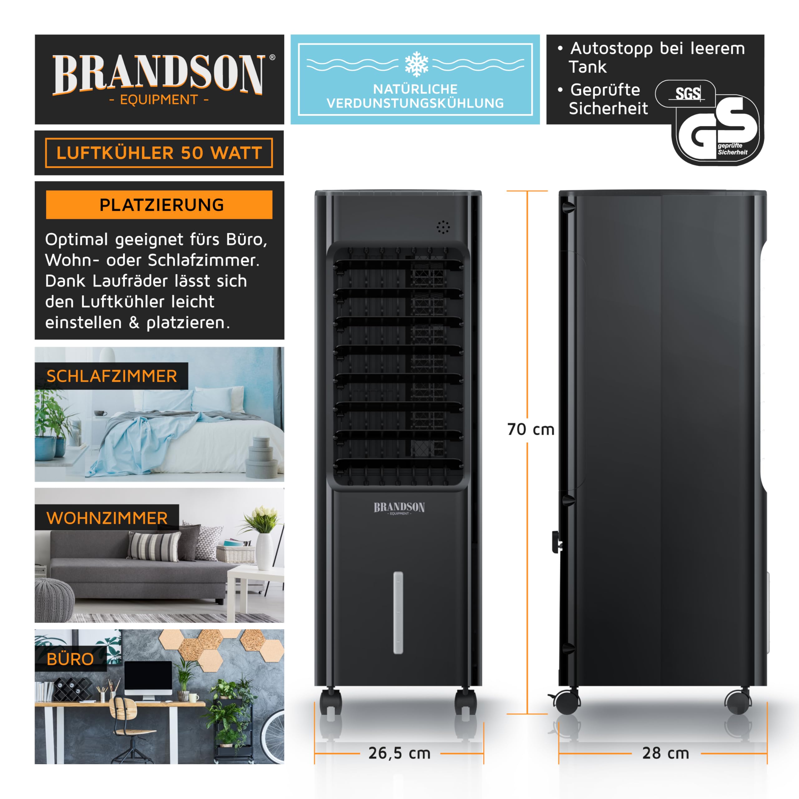 Brandson - Luftkühler mobil mit Wasserkühlung - Preisträger 2025 - Mobile Klimaanlage ohne Abluftschlauch - Luftbefeuchter Ventilator Standventilator - leise - Verdunstungskühler