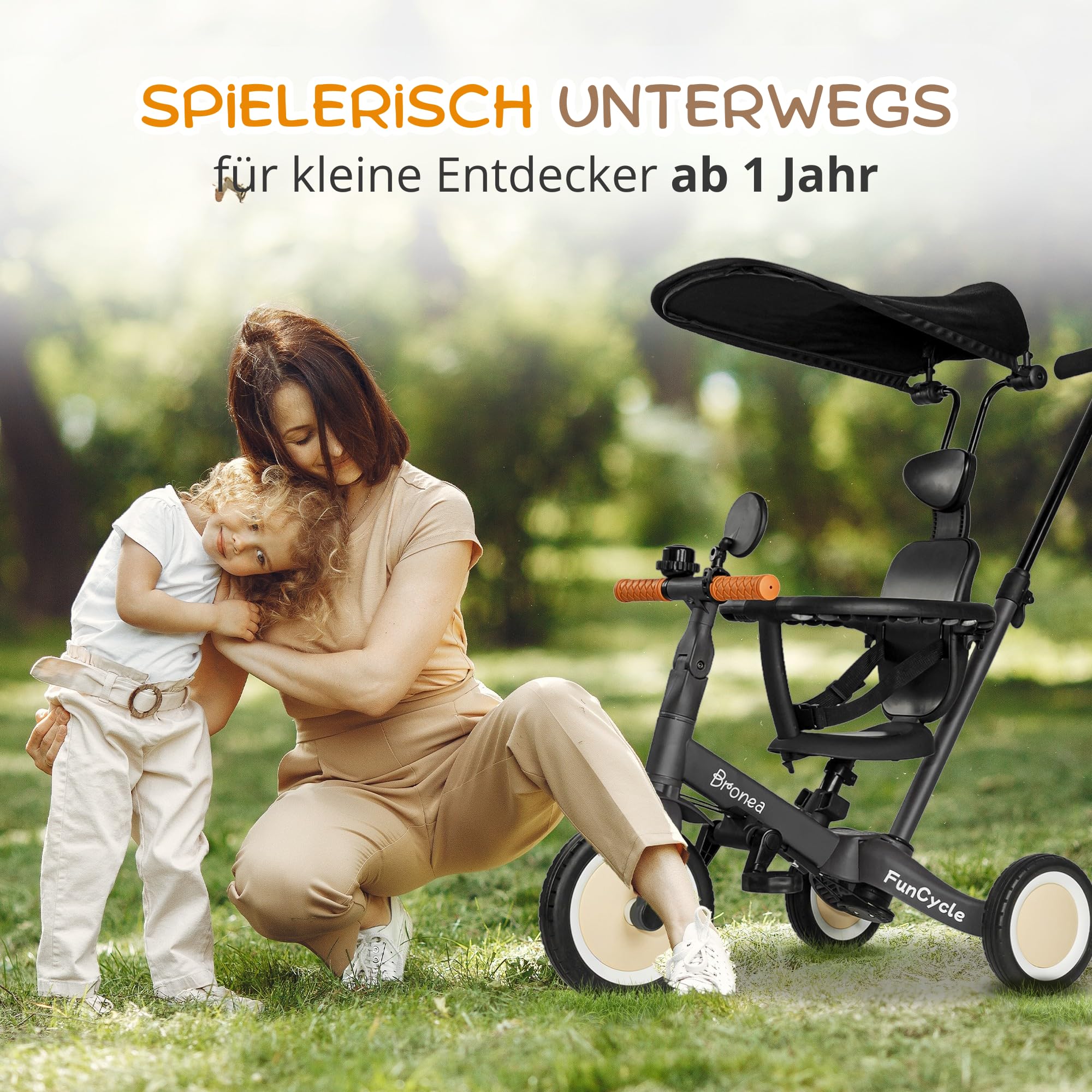 5-in-1 Dreirad ab 1 Jahr mit Schubstange | Wächst mit Ihrem Kind vom Kinderdreirad bis Laufrad | Mit Gurt, Dach & Zubehör wie Getränkehalter, Spiegel, Klingel (Grau)