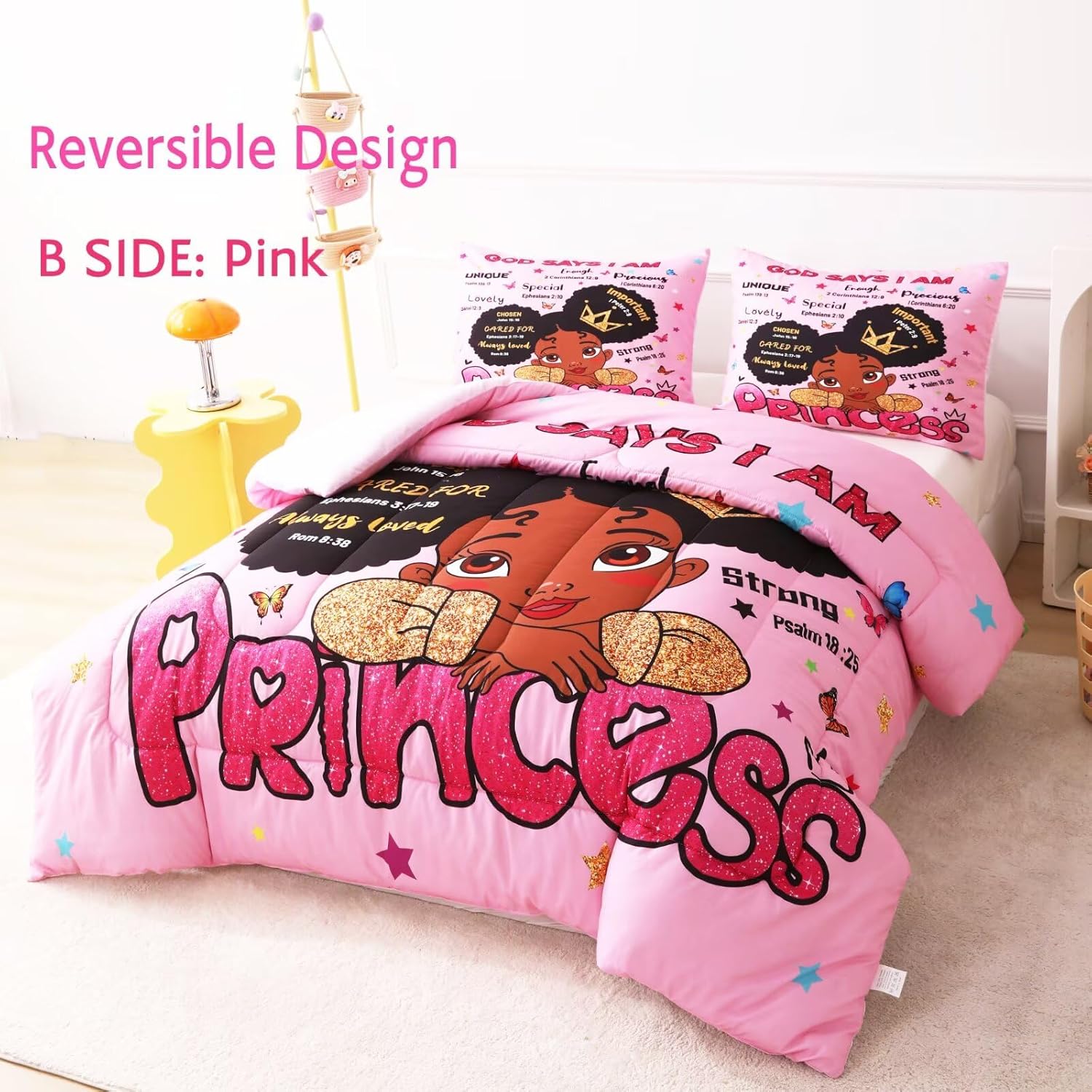 Black Girl Magic Comforter Set Twin,Black Girl Bedding Set,Christian Inspirational Little Princess Comforter,God Says I Am Afro Melanin Peekaboo Bedroom Set - Image 3