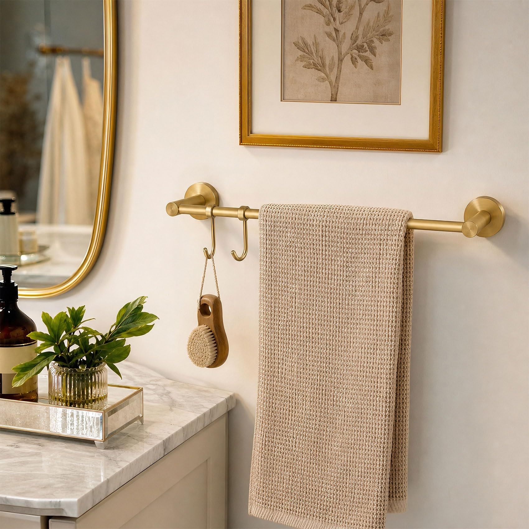 Toallero de Pared Sin Taladro para Baño en Latón, 2 Ganchos Deslizantes | Barra Impermeable y Antioxidante, Fuerte Organizador Oro Cepillado para Ducha, Cocina, Aseo Lavabo(Cream White,40cm/15.7in)
