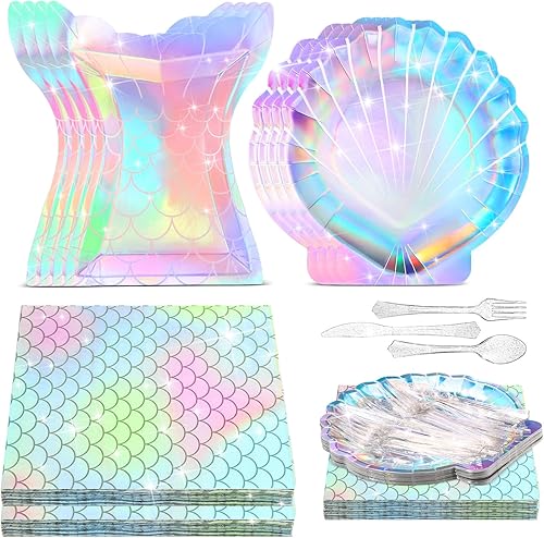 300 piezas de suministros para fiesta temática de sirenas, incluye platos, servilletas, cucharas de plástico, tenedor, cuchillos para baby shower,