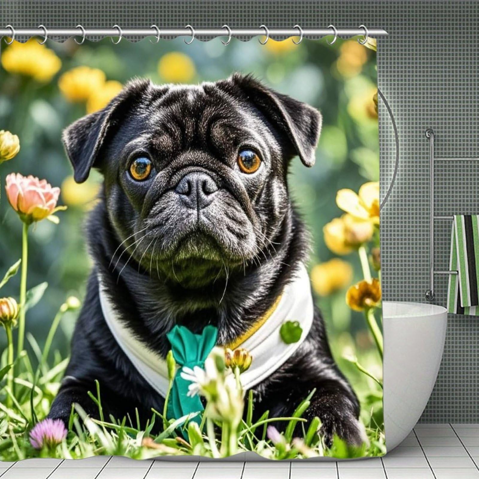 VstaDank Cute Black Pug Dog Shower Curtain Light-Weight Blackout Bathroom Curtain Washable Shower Liner 71x71 Inch Bath Curtain with Metal Holes Bathtub Bath Room