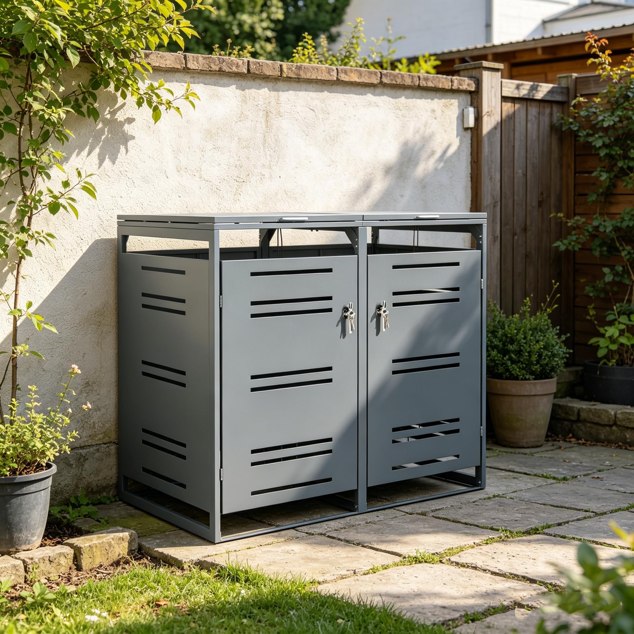 LIFEZEAL Copribidone per 2 bidoni differenziata esterno, 2x240L, Copribidoni Spazzatura Esterno con Puntone a gas, Smorzatore, 2 Porte chiudibile, per Giardino e Cortile (Grigio)