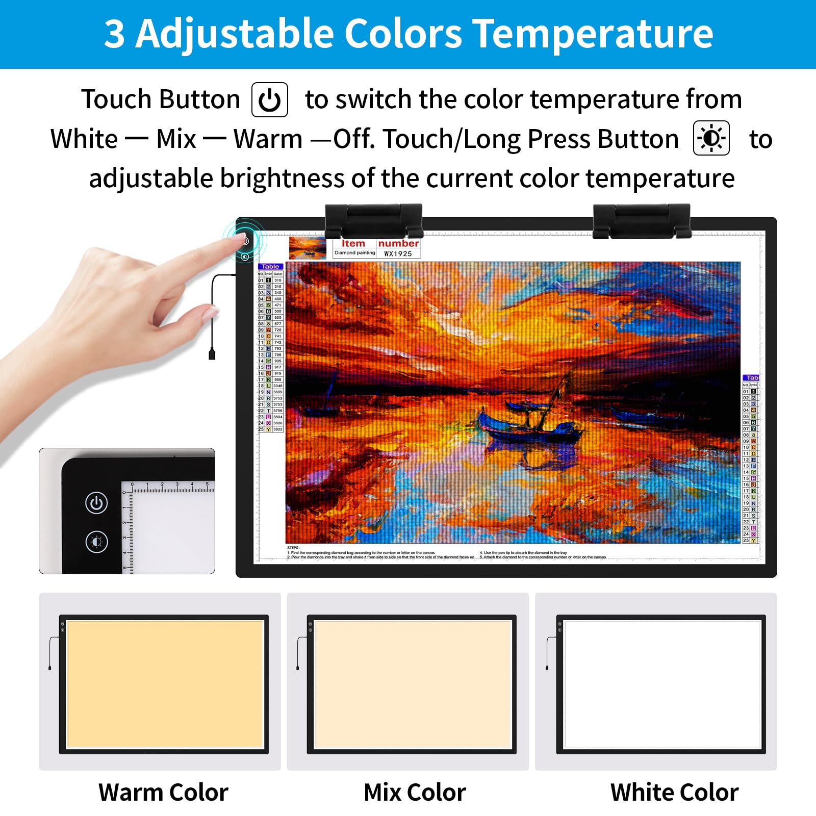 TOHETO - Almohadilla de luz recargable A1 de 35.4 x 23.6 pulgadas, tablero de luz LED extragrande para pintura de diamantes, caja de luz de 3 modos de color, mesa de luz de arte de diamante, caja de