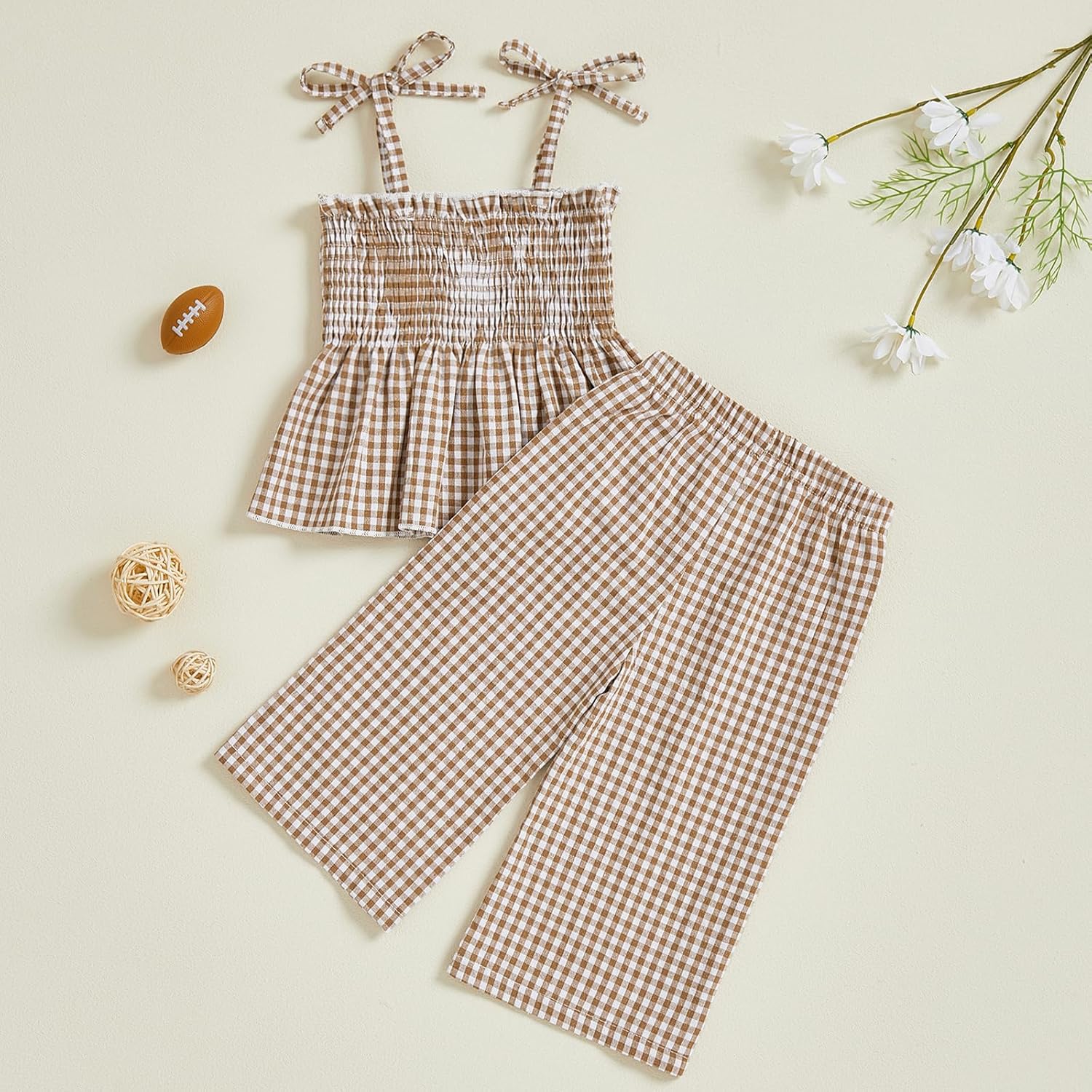 VISGOGO Toddler Baby Football Girl Outfit Bow Smocked Spaghetti Strap Plaid Tops Pants Embroidery Football Baby Girl Clothes - Image 3