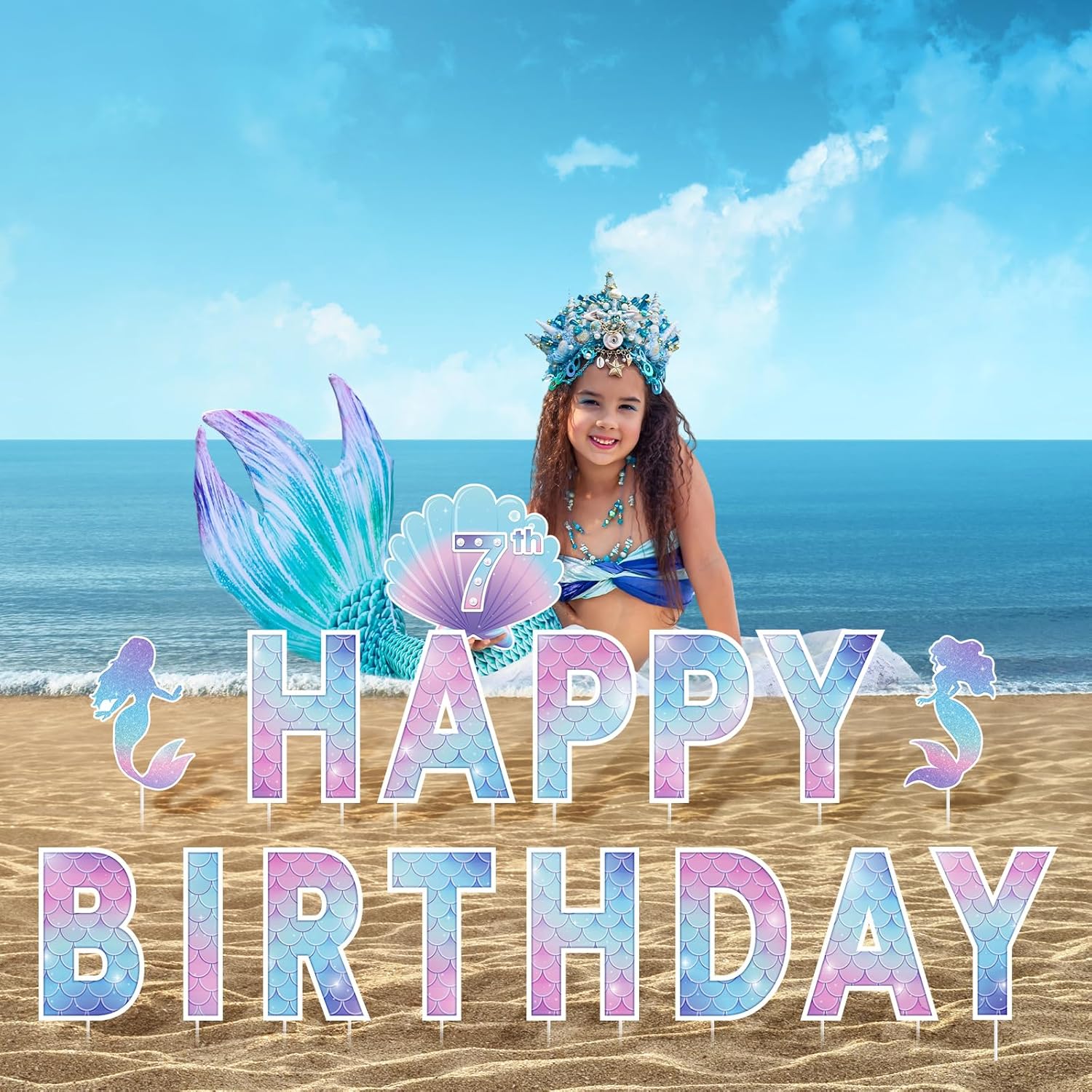 Yerliker 16 Pcs Happy Birthday Yard Signs with Stakes, 32.8 ft LED Lights, 42 Pcs Number Stickers, 13.4 Inch Letters Signs for Birthday Party Supplies Yard Lawn Outdoor Decoration(Mermaid)