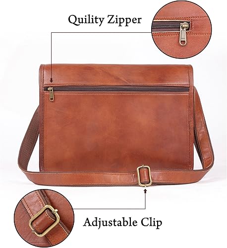 Miniatura 8 de Bolso bandolera de cuero genuino marrón pequeño, perfecto para iPad y computadora portátil pequeña, bolso de hombro envejecido vintage, Marrón, 14