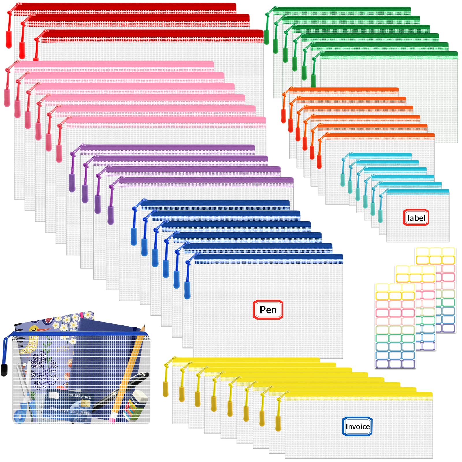 48 PCS Plastic Zip Wallets+3 Stickers, 8 Sizes Mesh Zipper Bags Plastic Folders with Labels, Waterproof Zip Lock Storage Bags Document Wallet for School, Office Supply, Home and Travel (8 Colors)