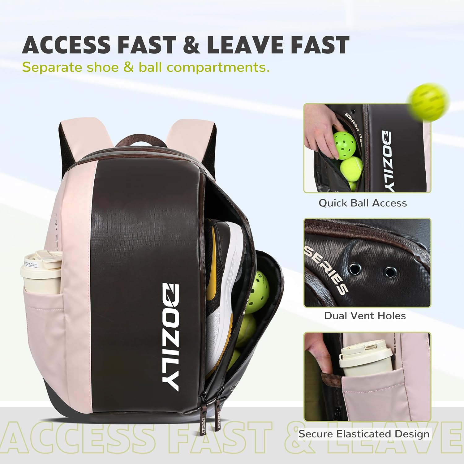 Pickleball Backpack 25L, Waterproof Sports Backpack with Shoe Compartment & Laptop Sleeve, Fits 14” Laptop, Ball Pocket, Chest Strap, Travel Pickleball Equipment Bag (Brown)