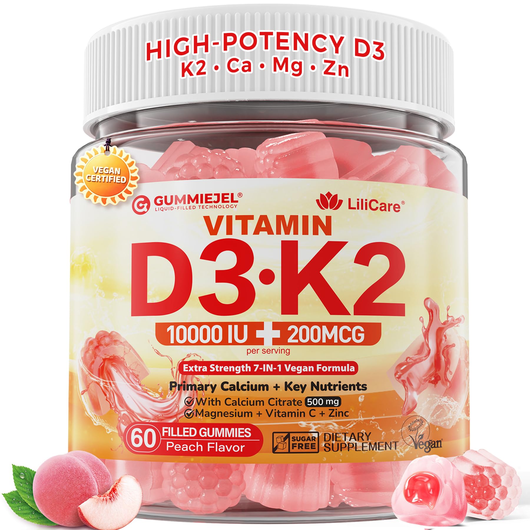 Vitamin D3 K2 Gummies 5,000 IU / 10,000 IU, Calcium + Magnesium,Vegan,60Cts 60 Count (Pack of 1)