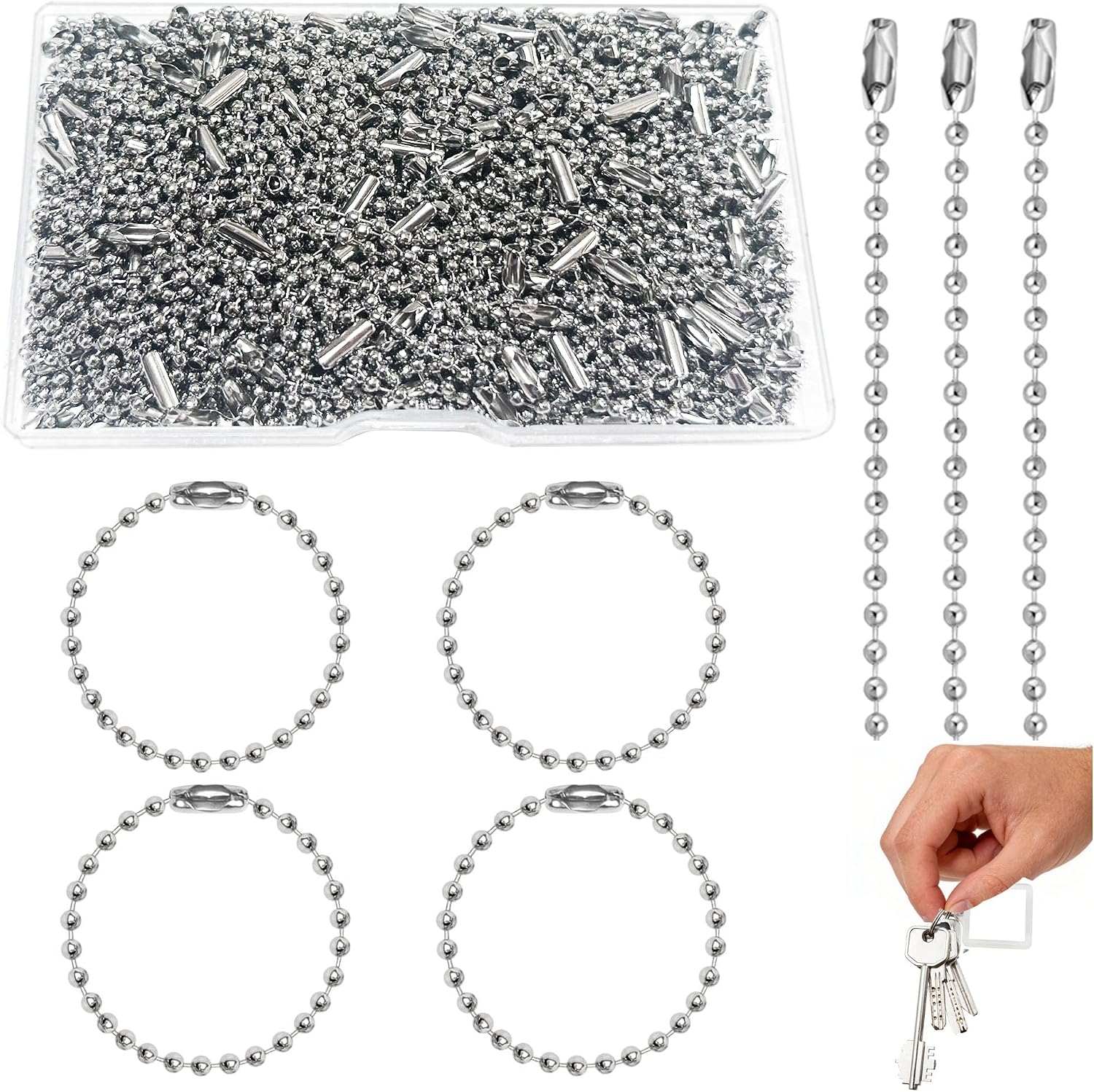 200PCS 3.9Inch Long Keychain Bead Connector Clasp Ball Chains Tag Key Chain Rings,2.4 mm Diameter Adjustable Metal Bead Steel Chain for Tag Chain & Jewelry Making