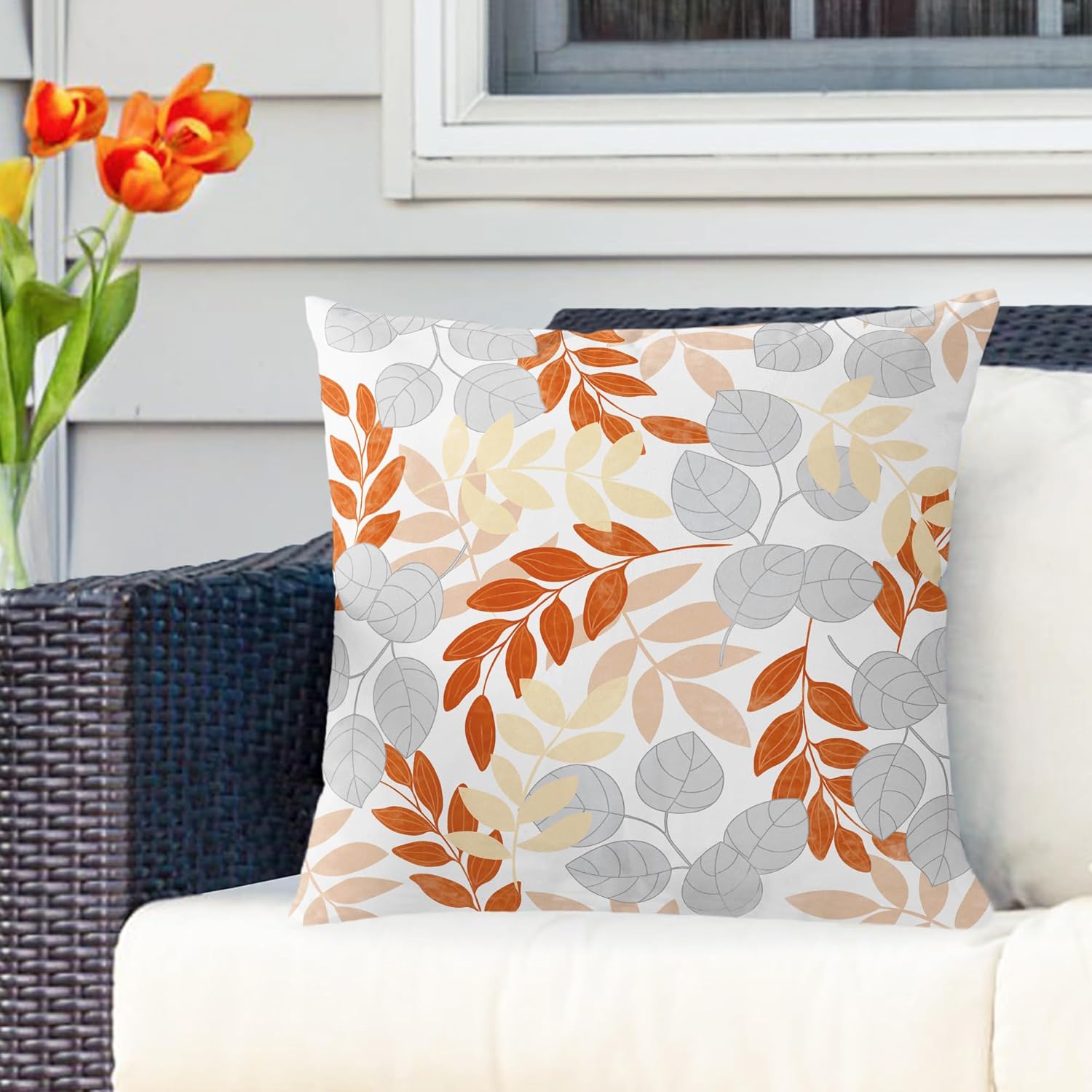 CaliTime Throw Pillow Covers Outdoor Waterproof Pack of 2 Cozy Flourishing Leaves Branches Decorative Cushion Cases for Garden Patio Tent Balcony Couch Sofa 18 X 18 Inches Burnt Orange Beige Grey - Image 5
