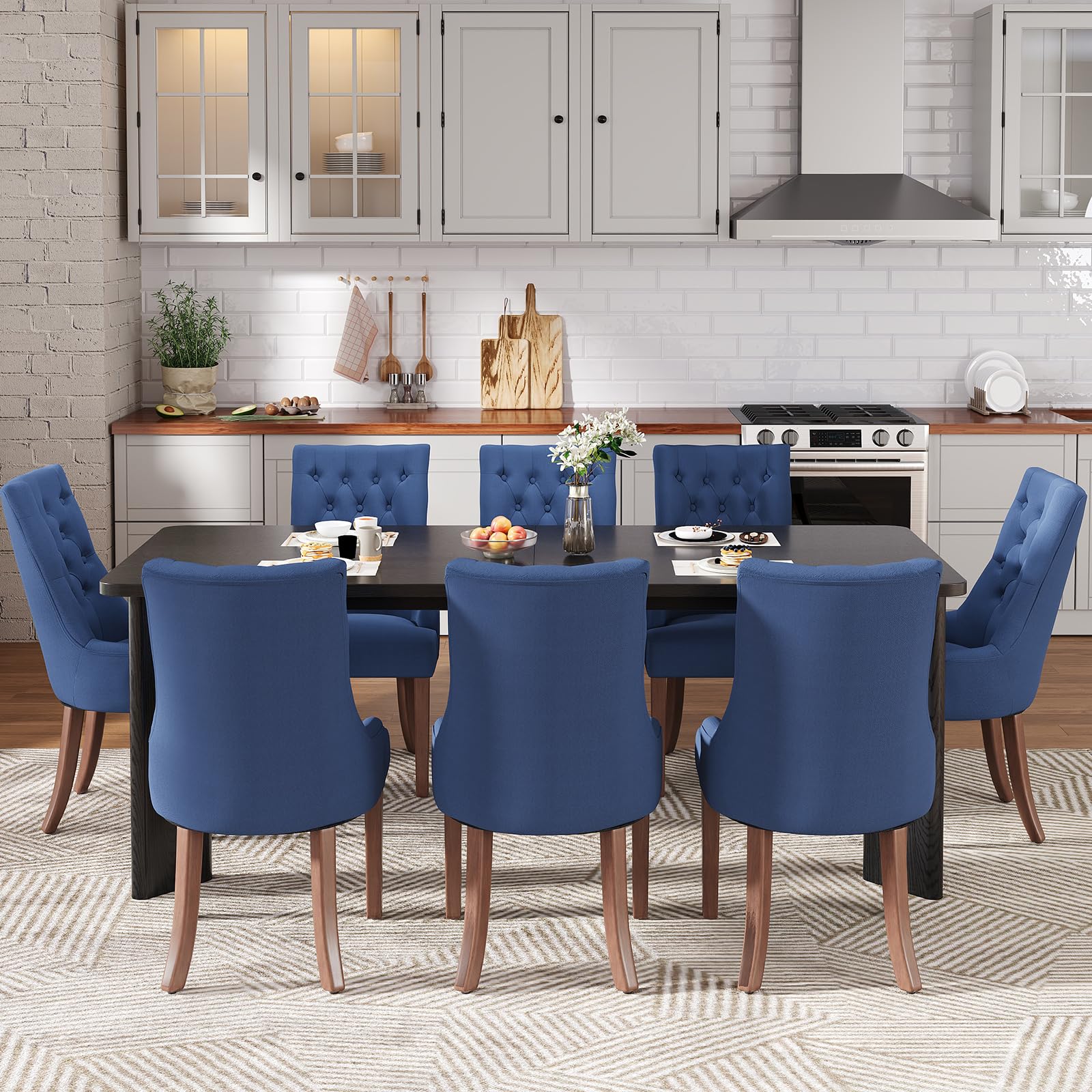 MALOL 9-Piece Rectangular Dining Table Set for 8, 63" Industrial Kitchen Table with 8 Tufted Parsons Dinner Chairs for Dining Room, Kitchen, Living Room, Black+Blue