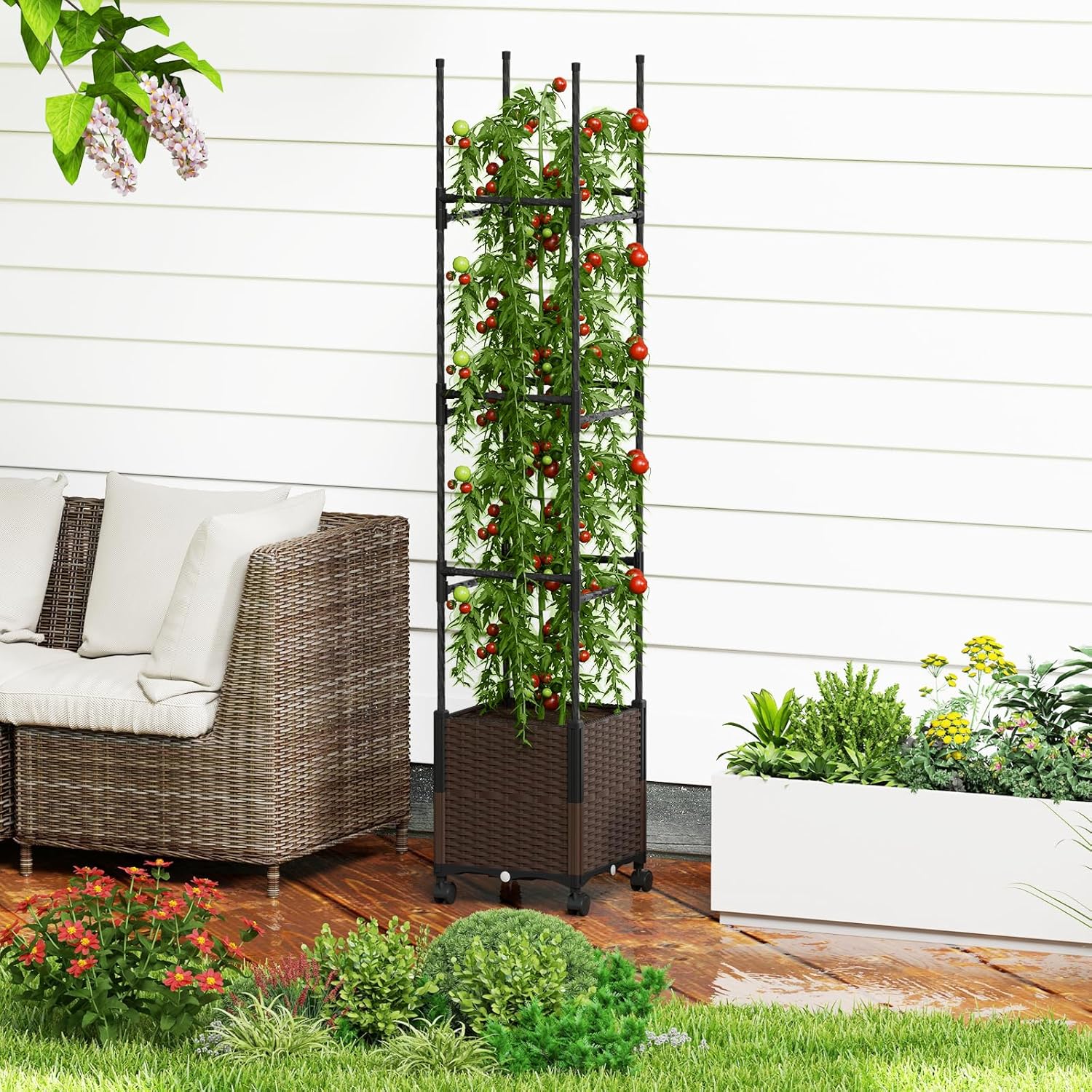 Giantex Raised Garden Bed Planter Box with Trellis, 87" Tomato Planter for Climbing Vegetables Flowers Vine Plant, Self-Watering Tomato Cage with Wheels for Garden Patio Outdoor & Indoor