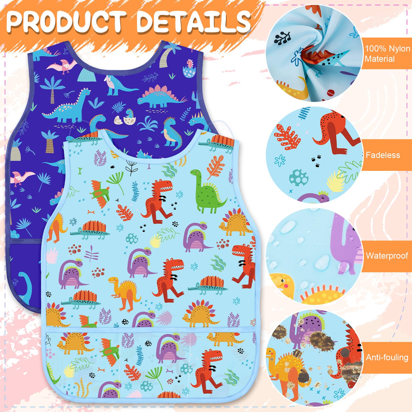 Partideal 2 Pcs Art Smocks for Kids Waterproof Artist Painting Aprons Toddler Sleeveless Children Painting Smock Kids Apron with 3 Pockets for Age 3-8 Years,Blue Dinosaurs - Image 4