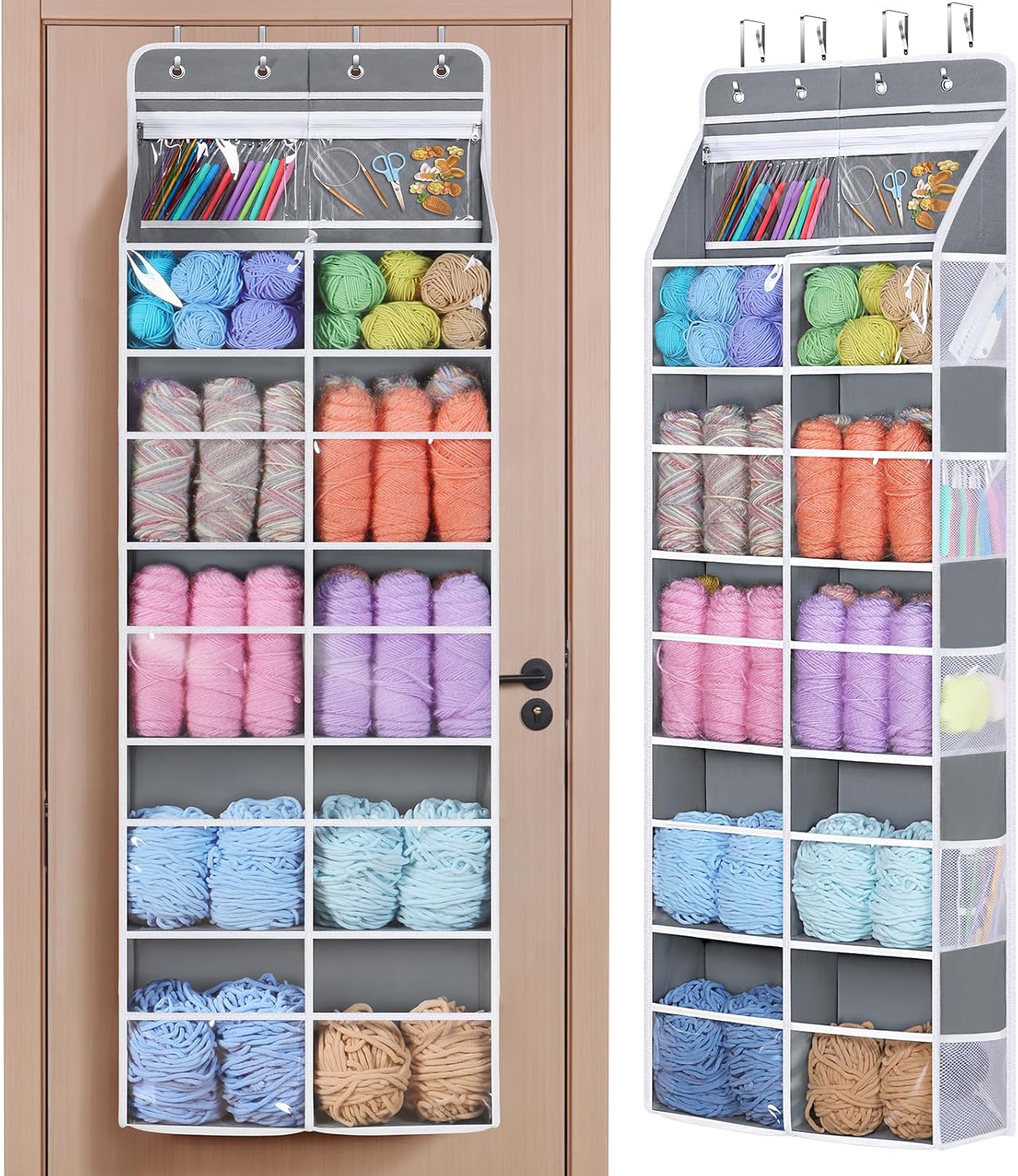 Univivi 6 Tiers Hanging Yarn Storage Organizer, Large Knitting Organizer with 12 Deep Clear Pockets & 10 Mesh Side Pockets, Over The Door Yarn Holder for Crochet Hooks, Knitting Needles, White