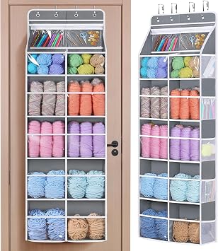 Univivi 6 Tiers Hanging Yarn Storage Organizer, Large Knitting Organizer with 12 Deep Clear Pockets & 10 Mesh Side Pockets, Over The Door Yarn Holder for Crochet Hooks, Knitting Needles, Grey
