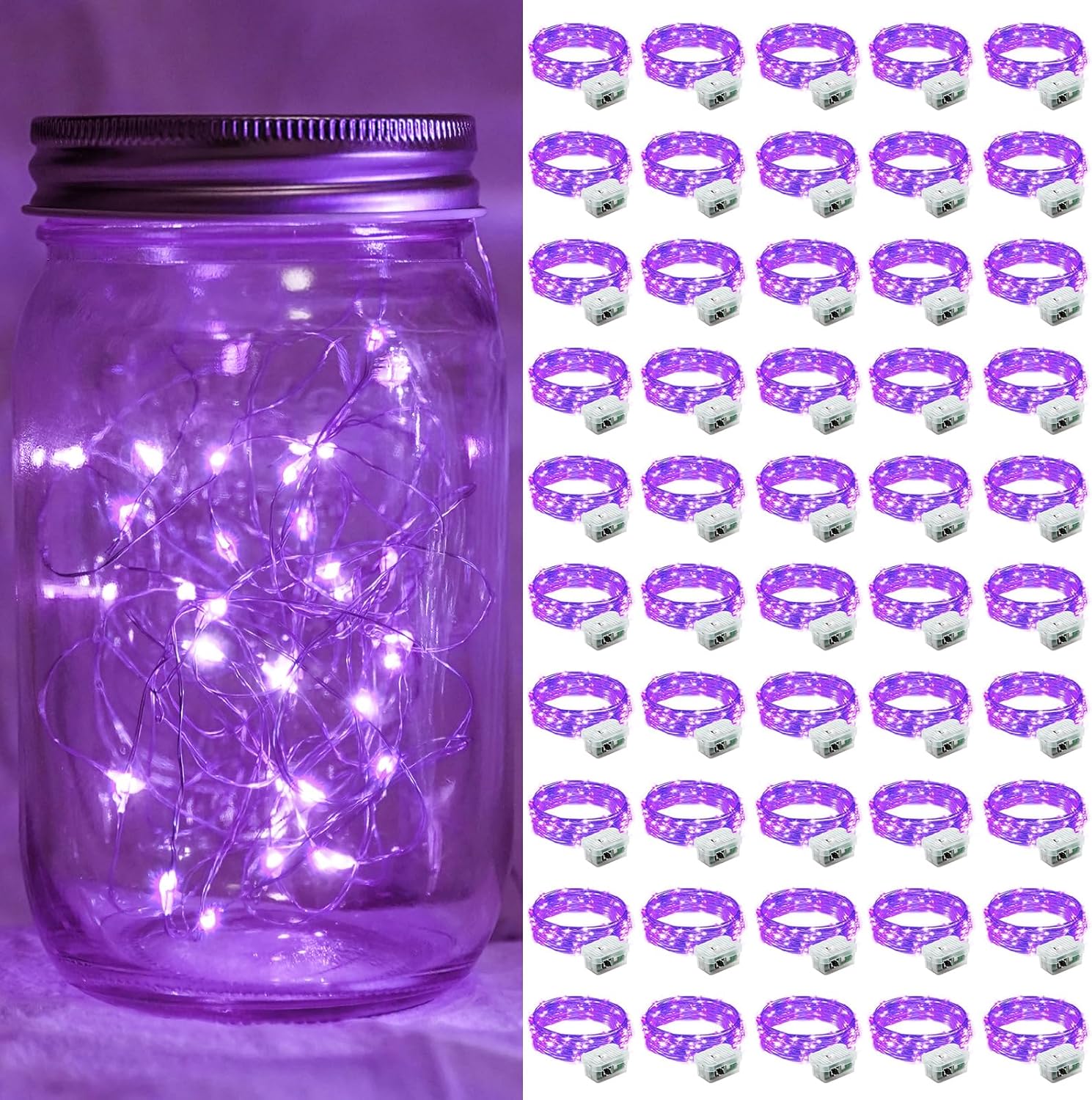 50 Pack Purple Fairy Lights 7Ft 20 LED Twinkle String Lights Battery Operated Waterproof Firefly Starry for Mason Jar Party Wedding Christmas Valentines Day (Purple, 50)