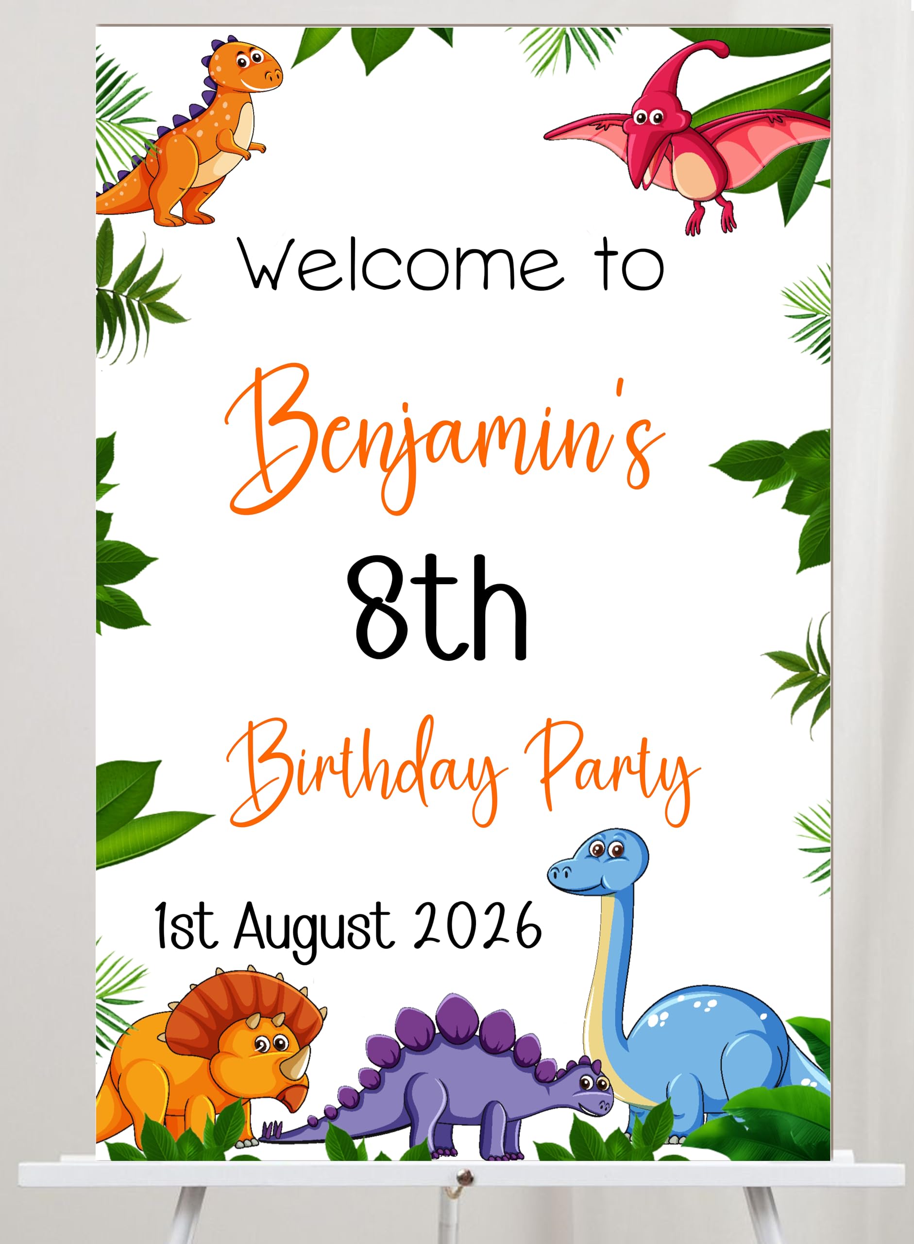 Personalised Kids Wooden Birthday Party Welcome Board โ 14 Fun Designs 50cm x 30cm (Gaming, Dinosaur, Football, Rainbow, Unicorn, Space, Car, Tractor & More!) (Dinosaur)