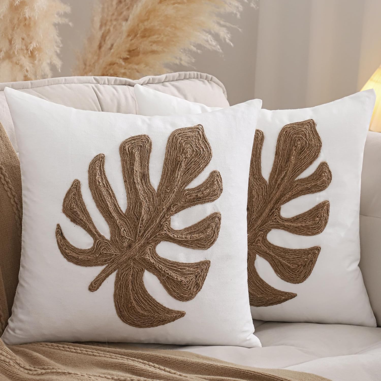 LUOYEHK Rope Embroidered Throw Pillow Covers 18x18 Inch Pack of 2 Turtle Dorsal Leaf Decorative Pillow Cases Hemp Rope Canvas Cushion Covers for Couch Sofa Bed Living Room