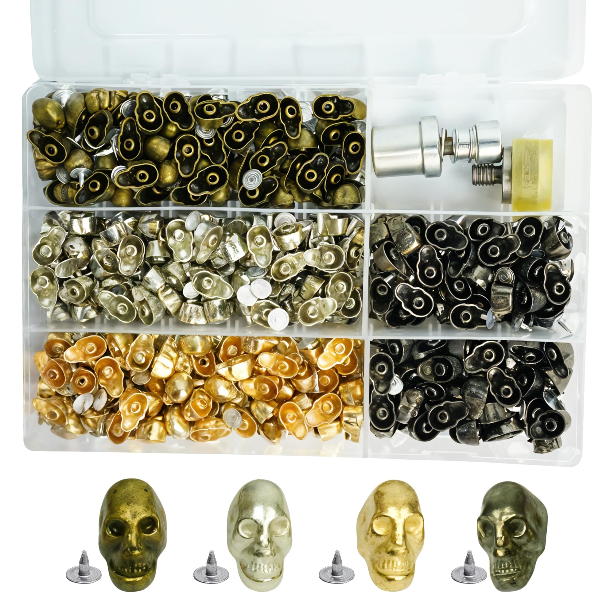 WedDecor 9 mm x 15 mm, 400 piezas de tachuelas de calavera con pines y troqueles de fijación con kit de almacenamiento, kit compatible con máquina verde para cuero, ropa, chaquetas, zapatos, bolsas y