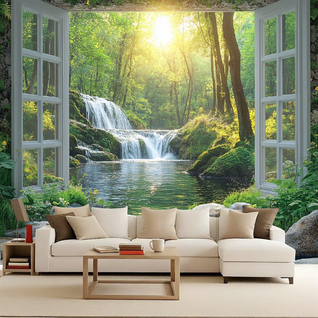 Forest Outside The Window Wallpaper Mural Natural Beauty Photo Wallpaper Forest Waterfall 3D Wall Mural 500x280cm Non-Woven Premium Art Print Decoration Poster Picture for Living Room TV Backdrop — image 1