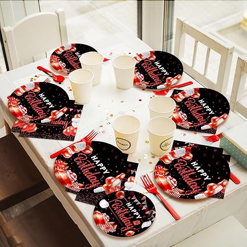 Miniatura 7 de Juego de 200 piezas de vajilla de fiesta de cumpleaños rojo y negro, suministros de feliz cumpleaños, platos de papel rojo y negro y servilletas,