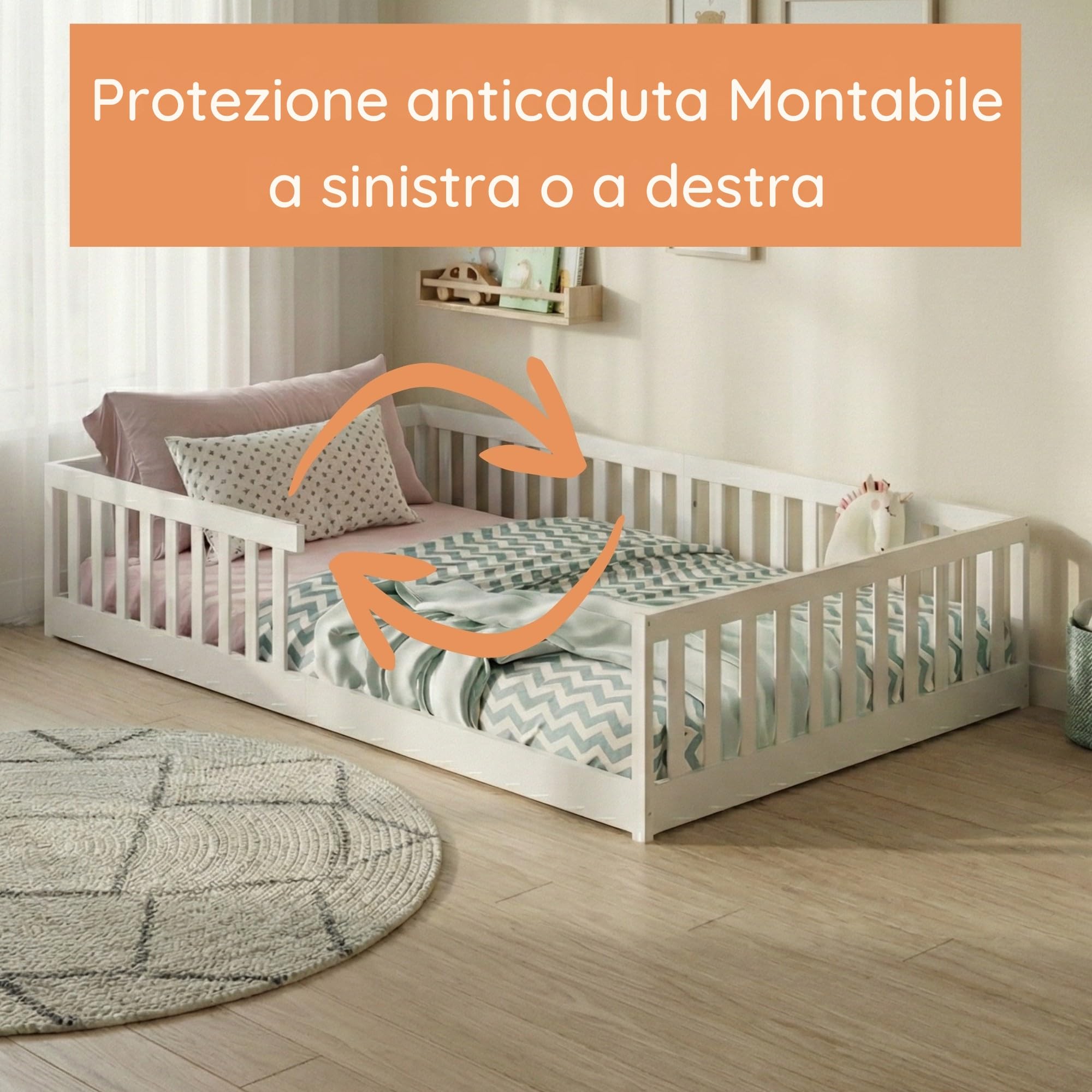 Kids Collective Letto per bambini Letto da terra 120x200 cm con protezione anticaduta e rete a doghe Letto Montessori Letto per bambini Bianco Altre misure 90x200 cm 140x200 cm