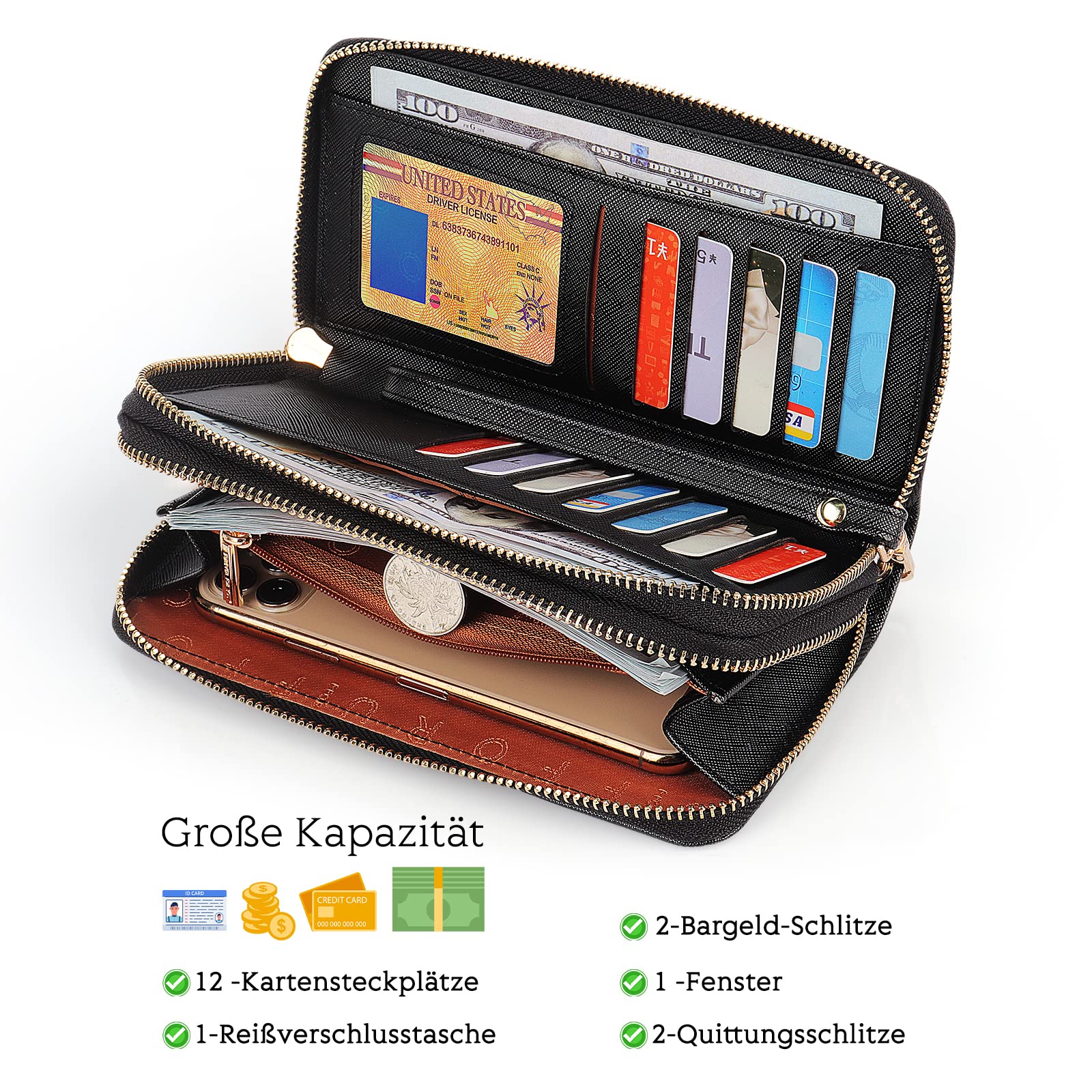 Katech Portafoglio Donna, Grande Capacità Portamonete in Pelle PU con Doppia Cerniera e Cinturino da Polso Staccabile, Portamonete Donna per Donna Ragazza Signore (Rosa)
