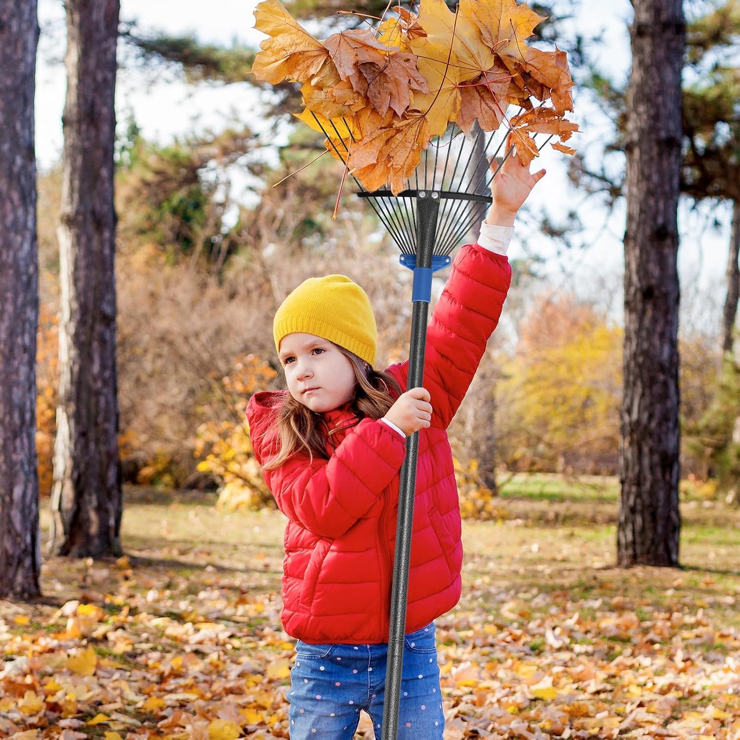 FLY HAWK Râteau à Feuilles, 178cm Râteau de Jardin avec Poignée Réglable et 18 Dents Robuste, Râteau à Feuilles avec 20-43cm Tête de Râteau pour Adultes et Enfants, pour Nettoyer Les Plantes