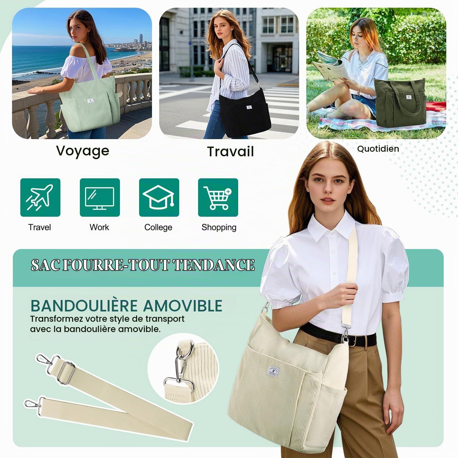 VX VONXURY Sac Cabas Femme Velours Côtelé Sac a Main Femme avec Multi-Poches Sac Bandoulière avec Sangle Réglable pour Travail Voyage Université