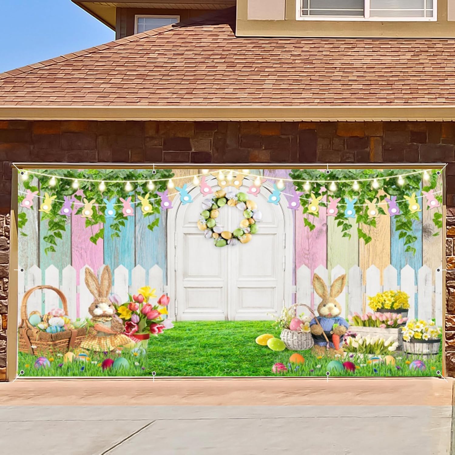Easter Garage Door Cover Banner Decorations Backdrop 6x13ft Large Spring Easter Eggs Coloured Board Bunny Doll Lawn Flowers Garage Door Cover Background Outdoor Happy Easter Party Decorations Supplies