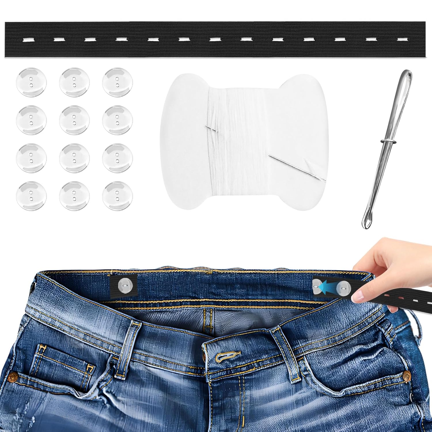 6Pcs Black Elastic Waistband with 12 Buttons Needles and Thread for Skirt Maternity Pants Extender Pants Waist Tightener
