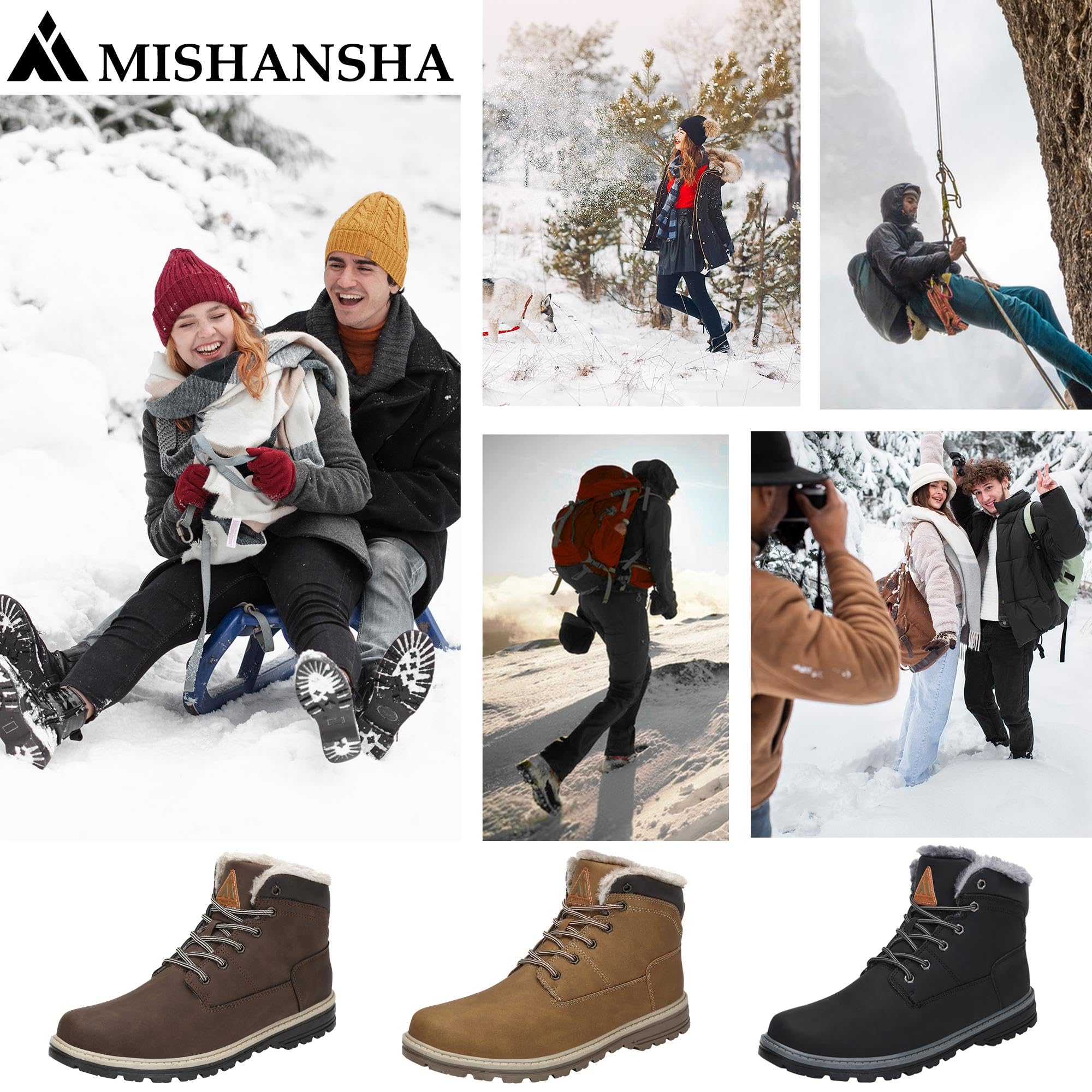 Mishansha Męskie buty zimowe z podszewką, ciepłe, damskie, wodoszczelne
