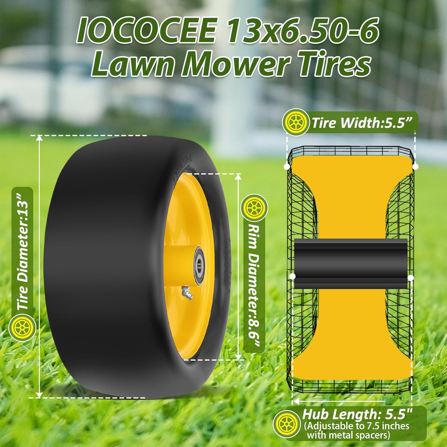 2 Pcs 13x6.50-6 Lawn Mower Tires Flat Free with 3/4" 1/2" 5/8" Chrome Steel Bearings, 13x6.50-6 Zero Turn Mower Front Tires, 13x6.5-6 Flat Free Lawn Tires for Commercial Grade, 5.5"-7.5" Centered Hub