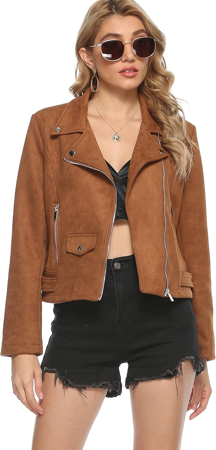 Tanming Women's Faux Leather Moto Biker Short Coat Jacket H Suede-brown Small
