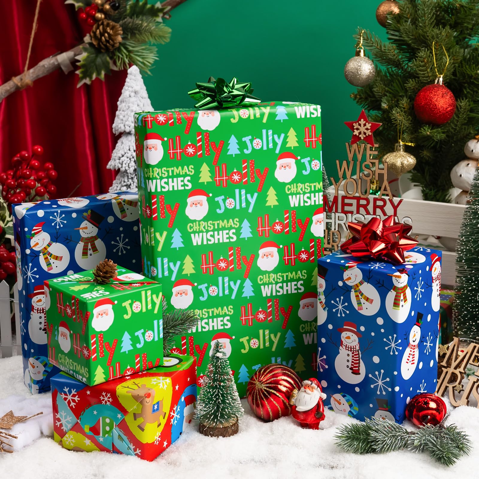 Yarcony Divertido paquete de 3 papeles de regalo de Navidad, 17 pulgadas x 10 pies por rollo, vibrante Papá Noel, muñeco de nieve, pingüino, papel de regalo surtido de invierno para Navidad