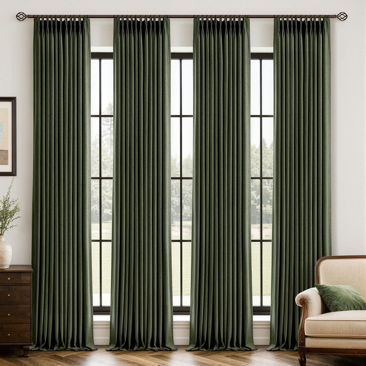MIULEE 4 Panels Pinch Pleated Blackout Linen Curtains 40"x90" Olive Green