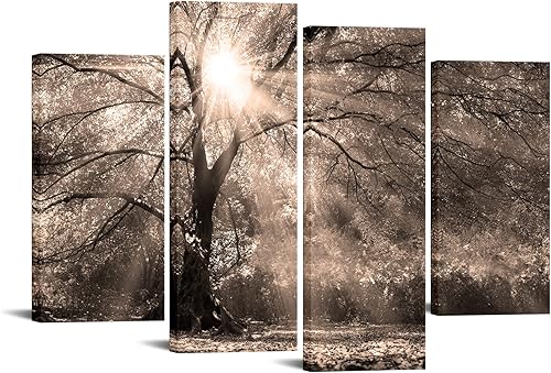 LevvArts 4 piezas de arte de pared con árbol grande, sol, naturaleza, bosque, paisaje, pintura, vintage, sepia, impresiones fotográficas, obras de