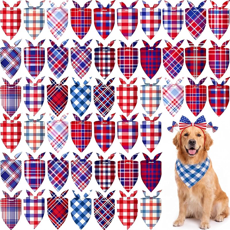 Bandana triangular para cães xadrez vermelho, branco e azul Abbylike, 50 unidades