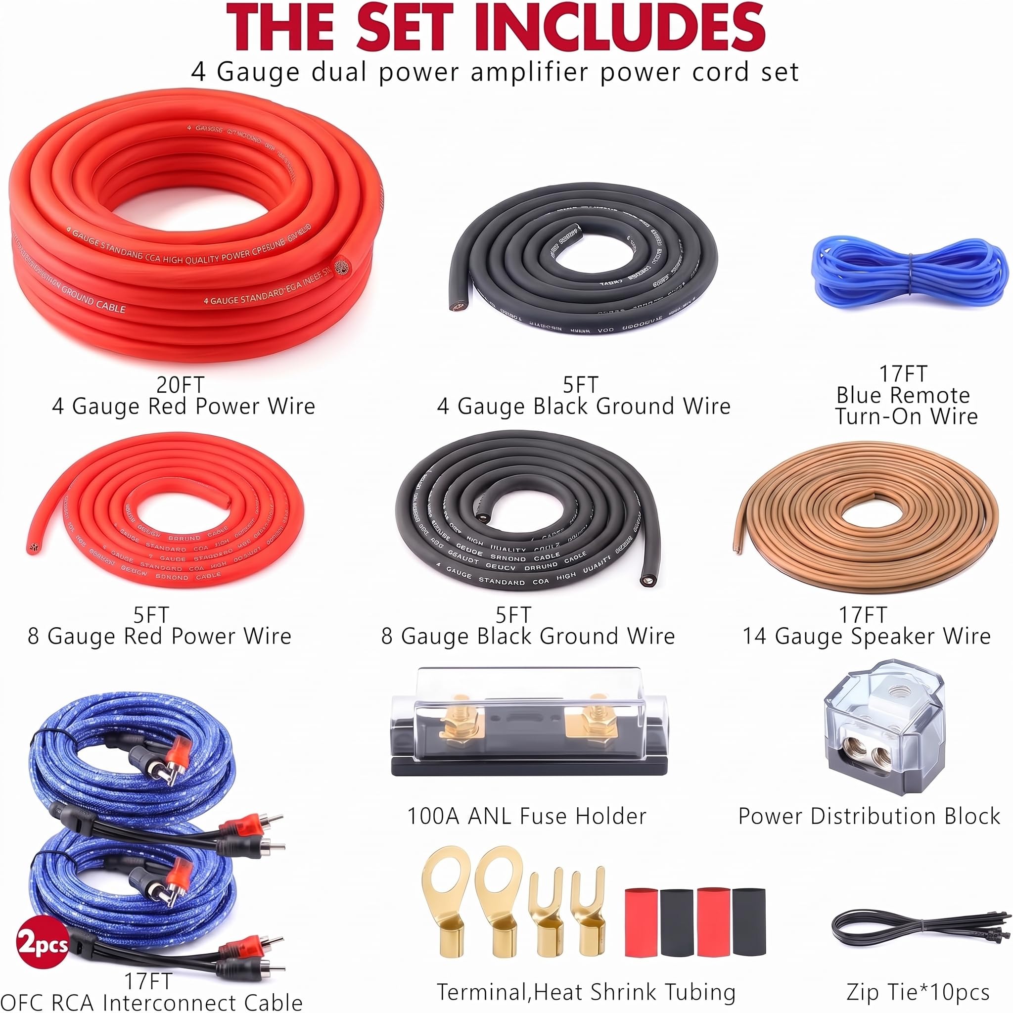 Kit de câblage CCA double amplificateur et caisson de basses de calibre 4 – avec fusible ANL 100 A, câbles RCA OFC de 5,2 m et fil de haut-parleur 14 AWG | Ensemble complet de câbles d'alimentation/de
