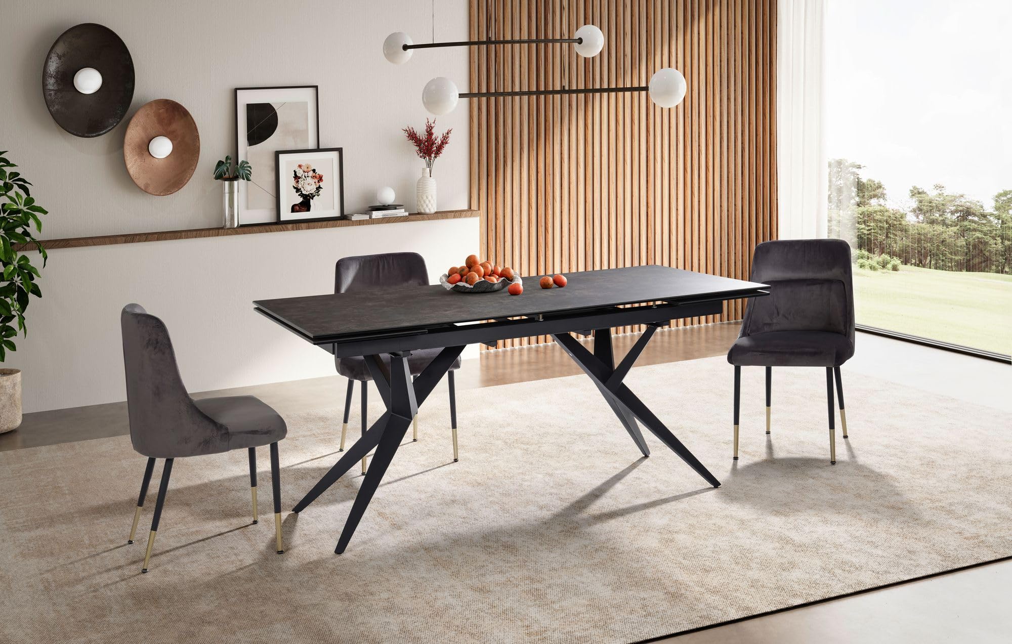 FineBuy Esstisch Ausziehbar 180-260 cm Glas-Keramik Schwarz, Kreuzgestell | Esszimmertisch mit kratzfester und hitzebeständiger Platte, ausziehbare Tafel für bis zu 10 Personen, pflegeleicht