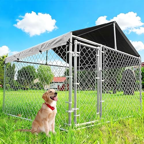 Miniatura 3 de Perrera grande para perros al aire libre con techo, perrera resistente con puerta con pestillo, cerramiento para perros de eslabones de cadena