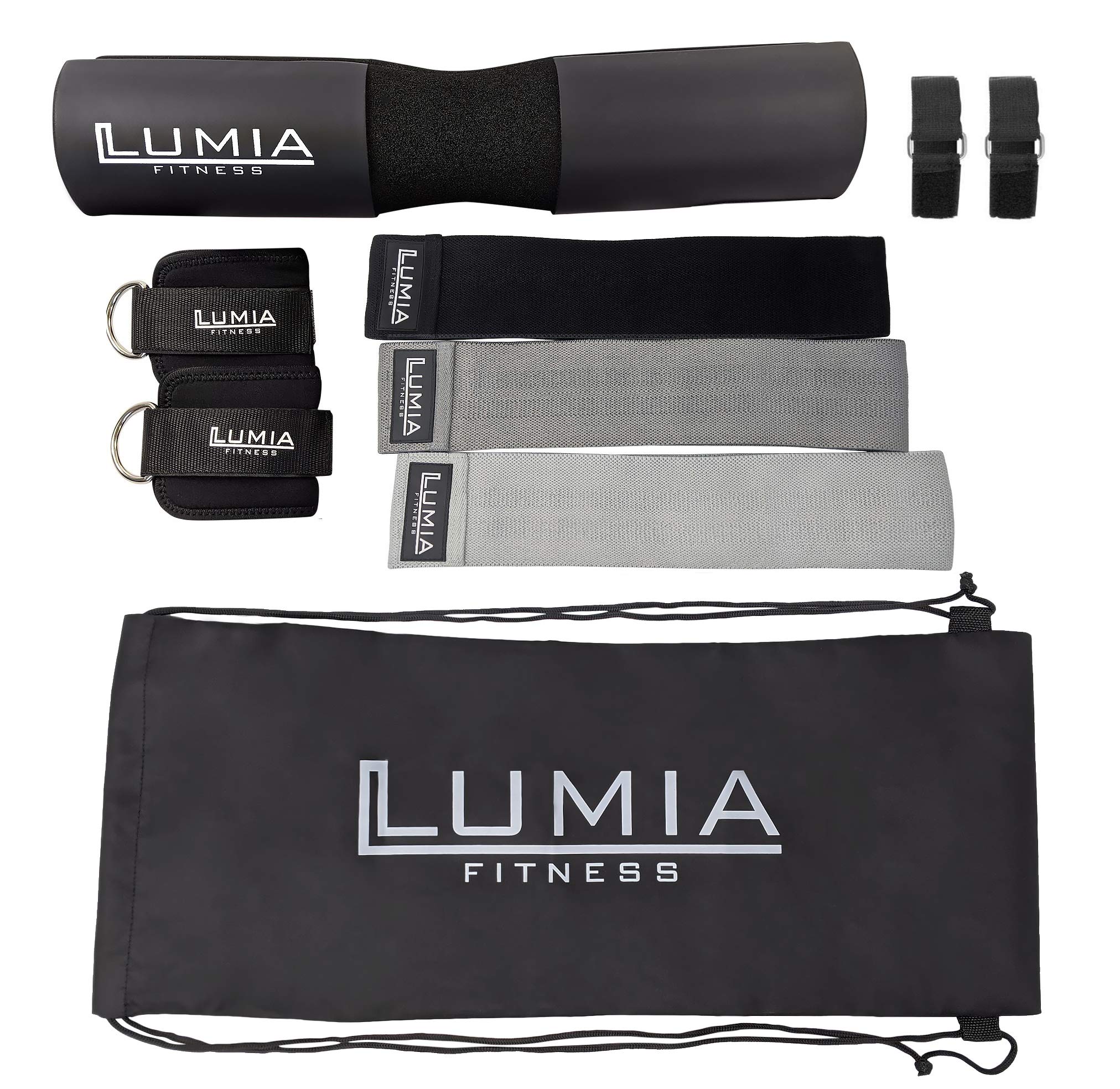 7 Piece Glute Workout Kit, Barbell Squat Pad, 3 Fabric Resistance Bands, 2 Ankle Straps, Carry Bag - Gym Accessories for Men and Women