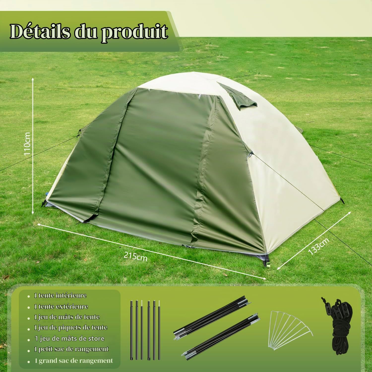 Tente de Camping 1-2 Personnes, Deux Portes Ultra Légère Portable Tente Dôme, 3-4 Saison Imperméable Ventilée, Facile à Installer, pour Randonnée, Outdoor Camping, Trekking, Pique-Nique