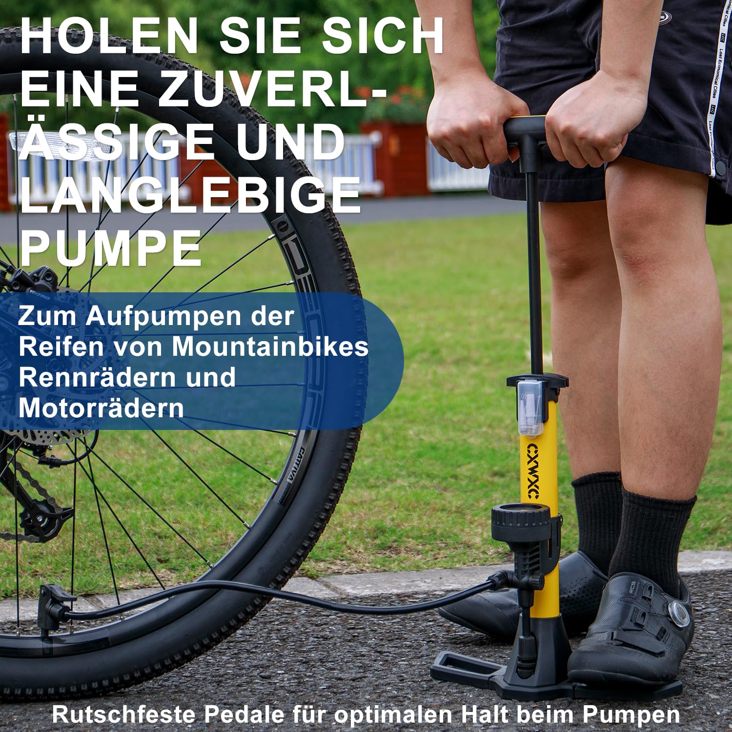 Fietspomp luchtpomp fiets voor alle ventielen - 11 bar / 160 psi staande luchtpomp - staande pomp voor racefiets, e-bike, mountainbike - fietspomp voor Franse ventielen en adapter (oranje-nieuw