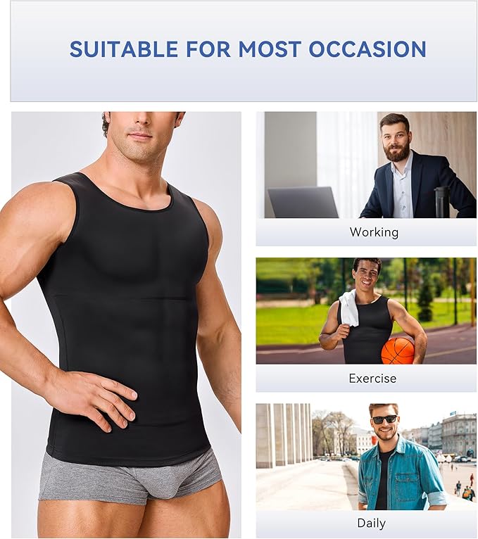 Compression shirts can be worn as undershirts or on their own, depending on personal preference. They are available in various styles and colors to suit individual tastes. Whether you're looking to enhance your physique, improve your workout performance, or simply feel more confident in your appearance, a men's compression shirt slimming body shaper vest is a versatile and effective option. Description by ChatGPT.